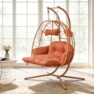 Fauteuil à œufs suspendu pour 2 personnes avec support, balancelle double en osier d'extérieur avec repose-pieds réglable et coussins épaisses pour le patio