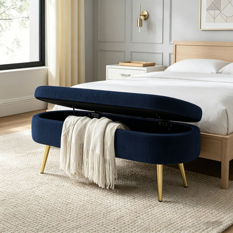 Ottoman Oval Storage Bench ith Metal Legs, Dark Blue