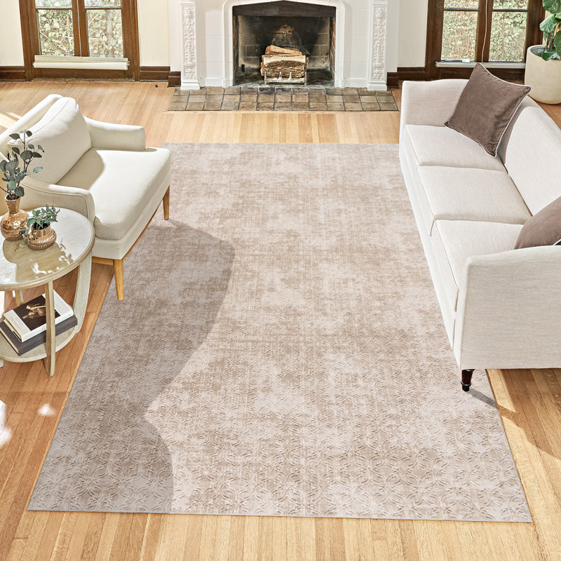 Aubepine Thandi Beige Embossed Transitional Geometric Indoor Area Rug, Soft Polyester – Living Room & Bedroom - Beige