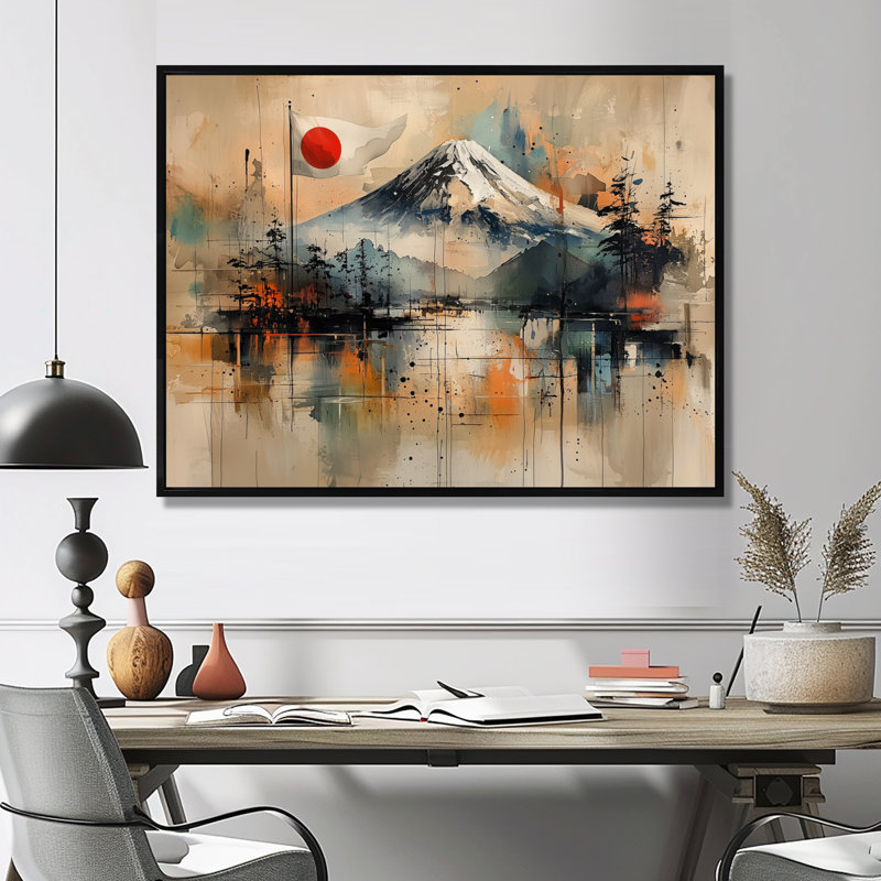 Japon, Mont Fuji Majesty II - Art mural japonais pour le salon, H 16 po x l 32 po, Impression encadrée flottante, Noir