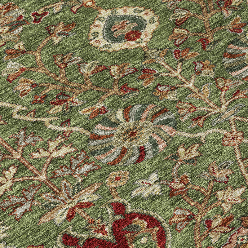 Green and Red Floral Synthetic Washable 5' x 7' Area Rug