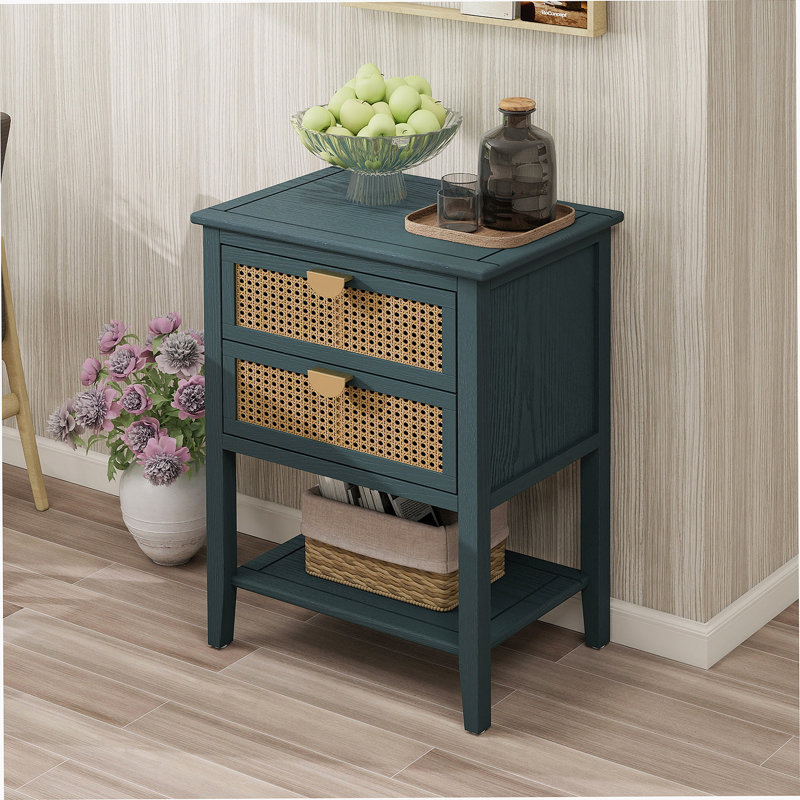 2 Drawer Side table,Naturel Rattan,End table,Side table,End table,Nightstand, Green