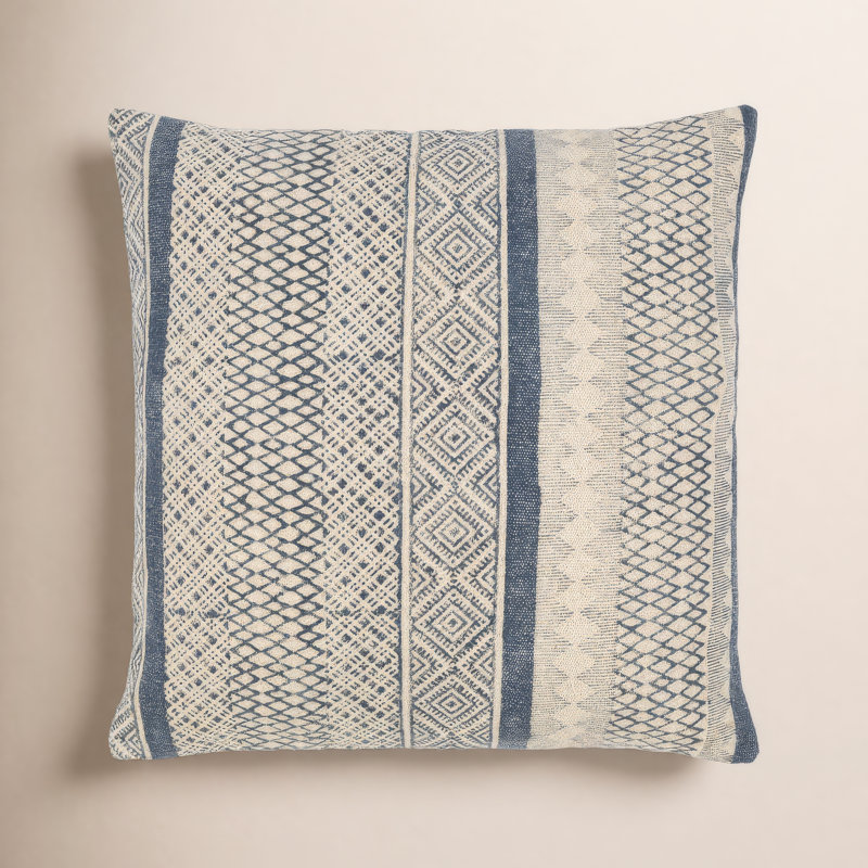 Oreiller carré 100% coton Zetta, 22 po x 22 po, Housse de coussin seulement - sans coussin, Beige clair / bleu foncé