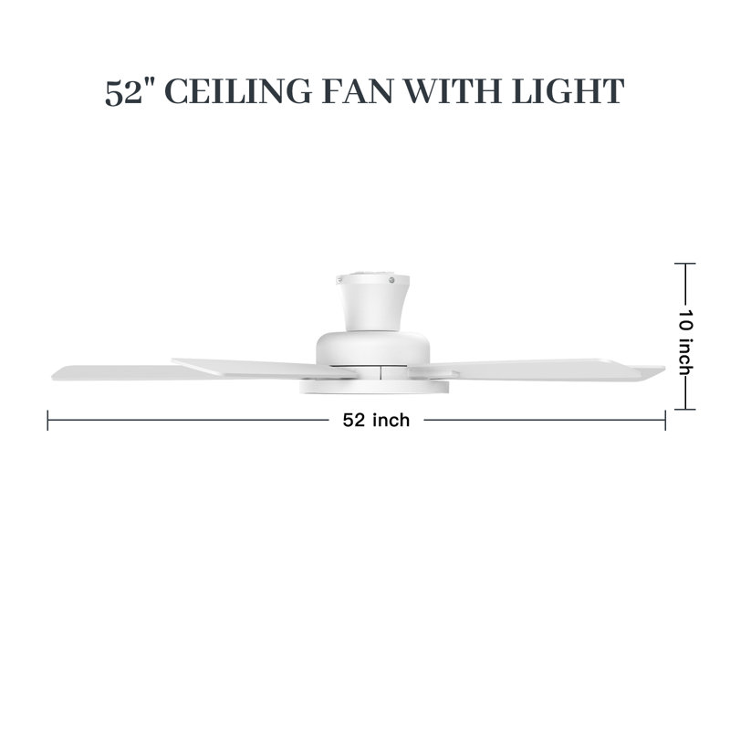 Wrought Studio™ 52 Inch Flush Mount Ceiling Fans With Lights Remote Control Quiet Fan, White with Brown/White Blades