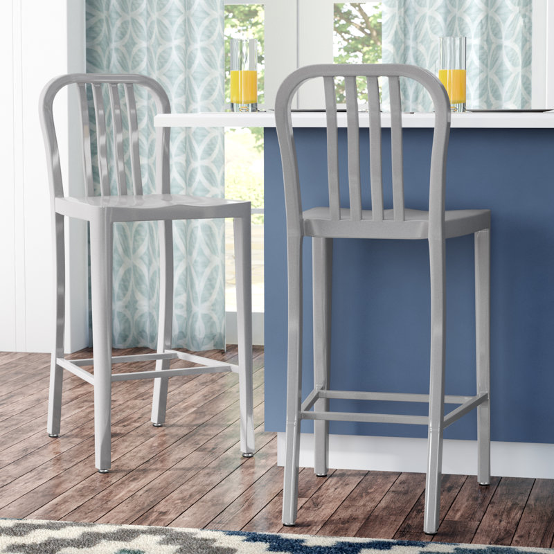 Commercial Grade Metal Indoor-Outdoor Stool with Vertical Slat Back, Silver, Bar Stool (76cm Seat Height)