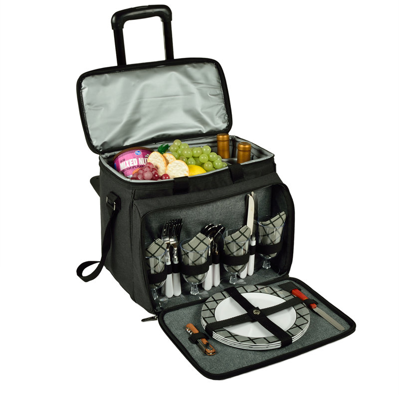 Charcoal Insulated Rolling Picnic Cooler with Service for Four