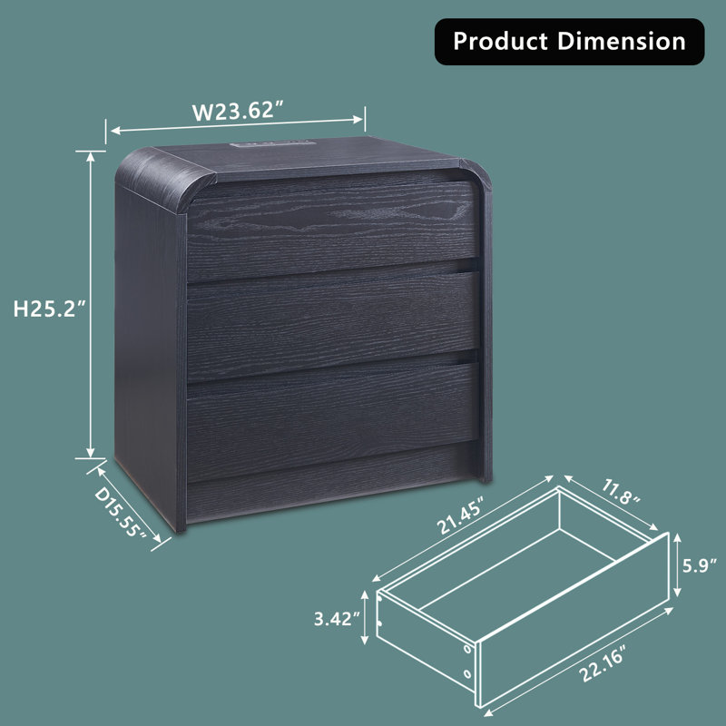 Maud 25" Tall Modern Nightstand with Charging Station, 23.6'' Wide Wood Bedside Table w/3 Storage Drawers, Black