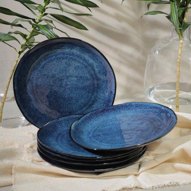 Handcrafted Blue Porcelain Round Dinner Plates, Set of 6