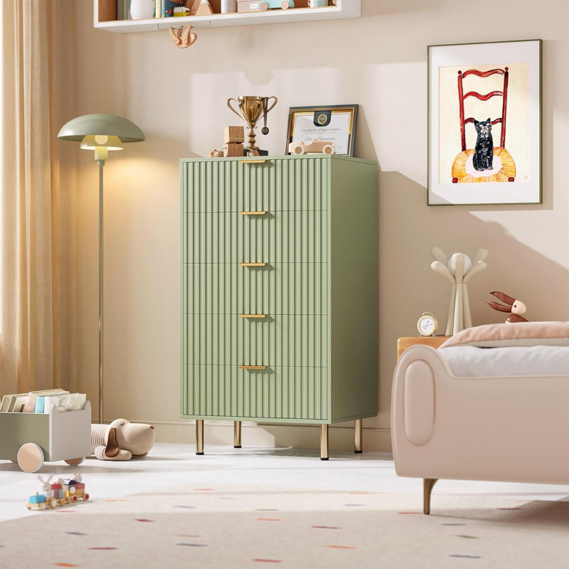Fluted 5-Drawer Tall Dresser, Modern Wooden Storage Chest with Deep Drawers & Wide Top, Bedroom Organizer for Living Room, Hallway, Kids’ Room