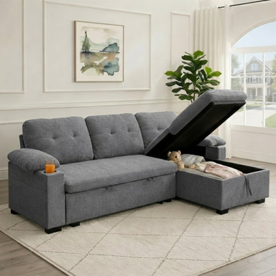 Canapé-lit modulaire de 95 po avec lit escamotable, canapé convertible en forme de L avec méridienne réversible, ports USB, porte-gobelets et table d'appoint pour salon, appartement