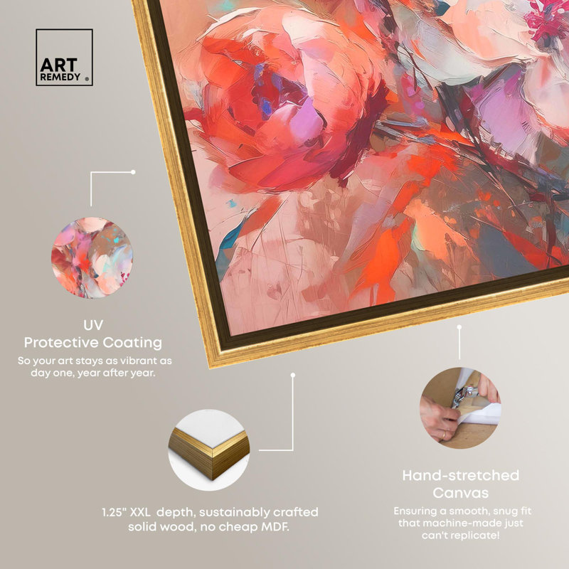 Romantic Peach and Pink Floral Canvas Print with Gold Frame