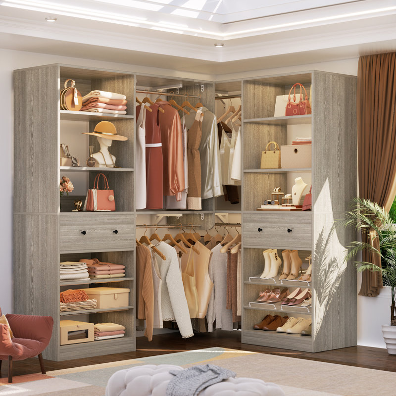 Système d'organisation l 56,6 po à 120 po avec tiroirs en bois et tringles de suspension (coupés sur mesure), Chêne blanc