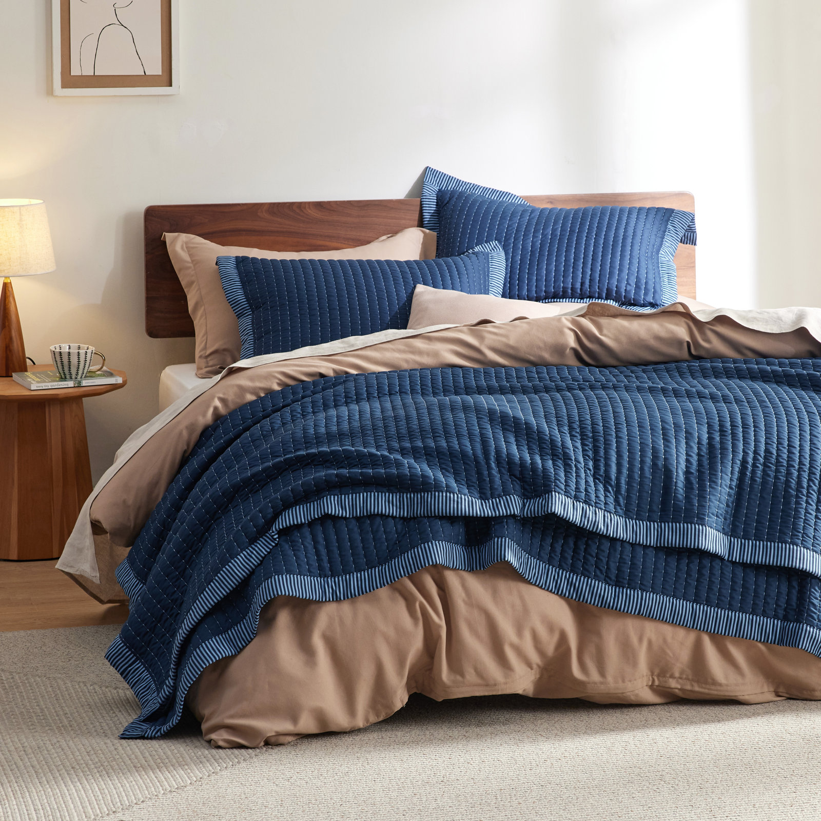  Quilts - Soft Lightweight Quilted Bedspread Coverlet with Contrast Stitching, Queen Quilt + 2 Shams, Navy