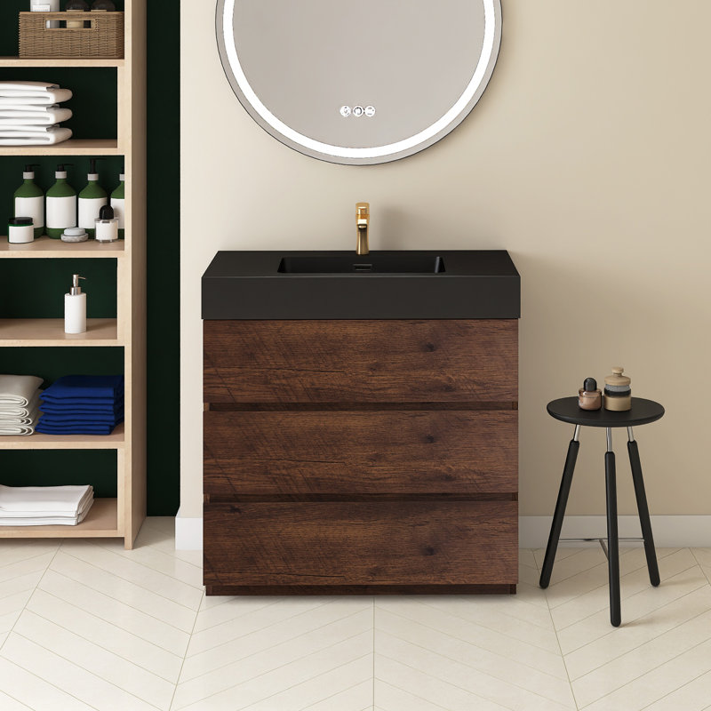 Ensemble de meuble-lavabo simple 36 po avec plateau Romaysa, Noyer, Noir