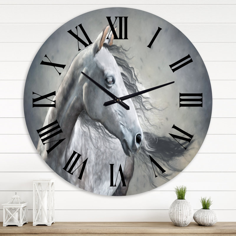 Portrait monochrome d'un cheval sauvage - horloge murale de ferme, Surdimensionné