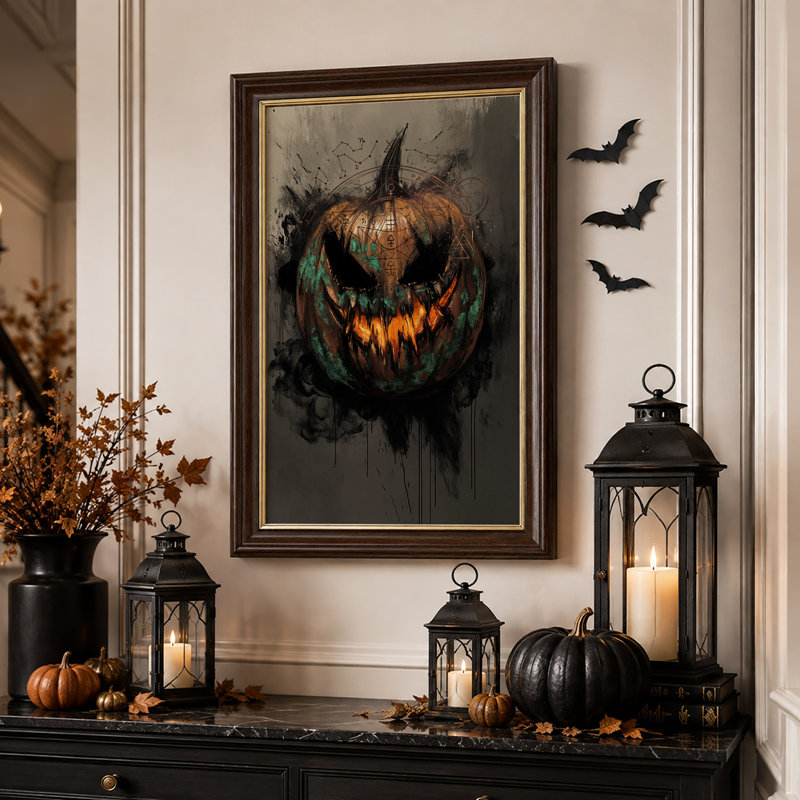 Citrouille orange avec texture bleu sarcelle et toile d'Halloween mystique, H 18 po x l 12 po