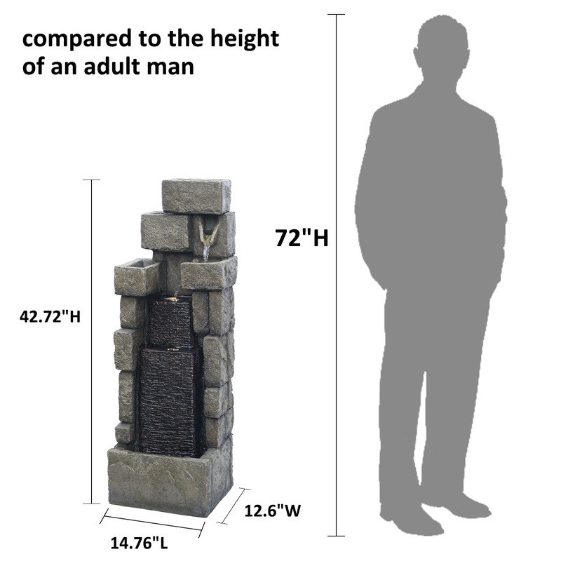 42.72 in Modern Stacked Brick Water Fountain, Outdoor LED Cascading Water Feature for Patio, Garden & Lawn Décor