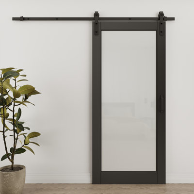 1 Lite Black Frosted Glass And Manufactured Wood White Sliding Barn Door With Installation Hardware Kit(No Assembly Required)