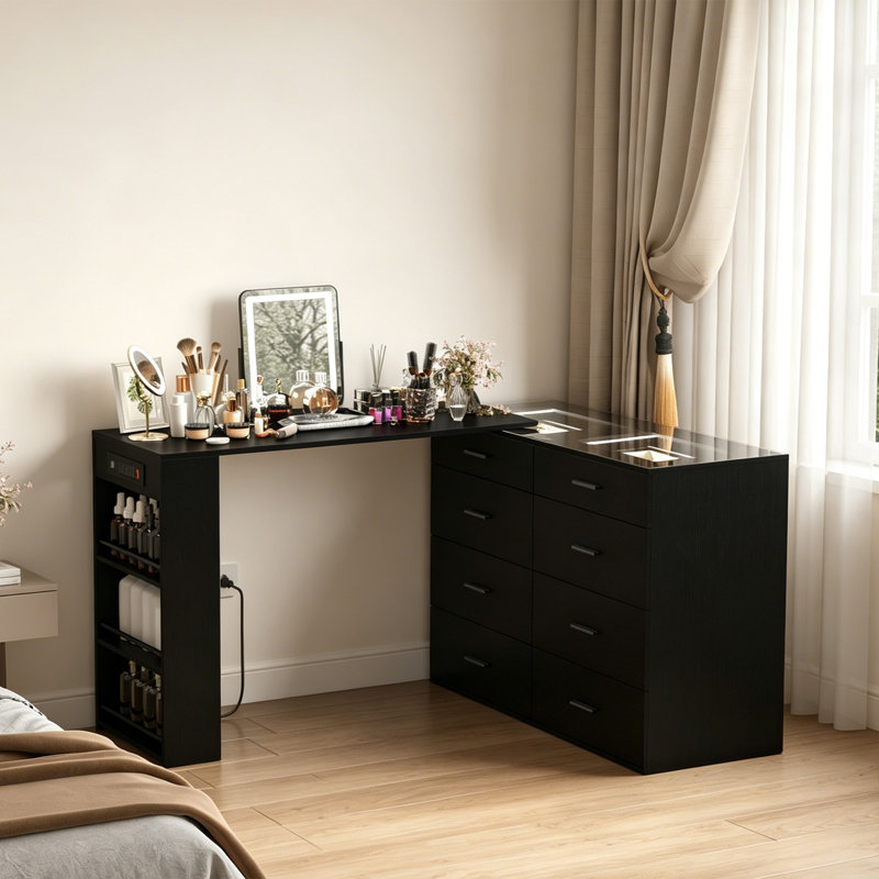 Expandable Makeup Vanity With Glass Display, 8 Drawers And Shelf Storage