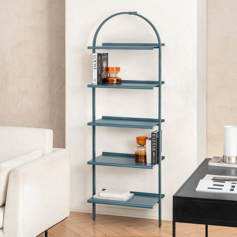 Corle 72" H x 24" W x 14" D 5-Tier Ladder Iron Bookcase Blue, Blue