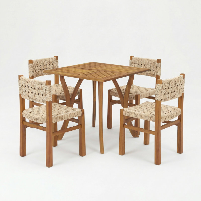Ensemble repas 5 pièces en bois d'acacia avec osier tissé à la main Capri, Osier / teck gris clair