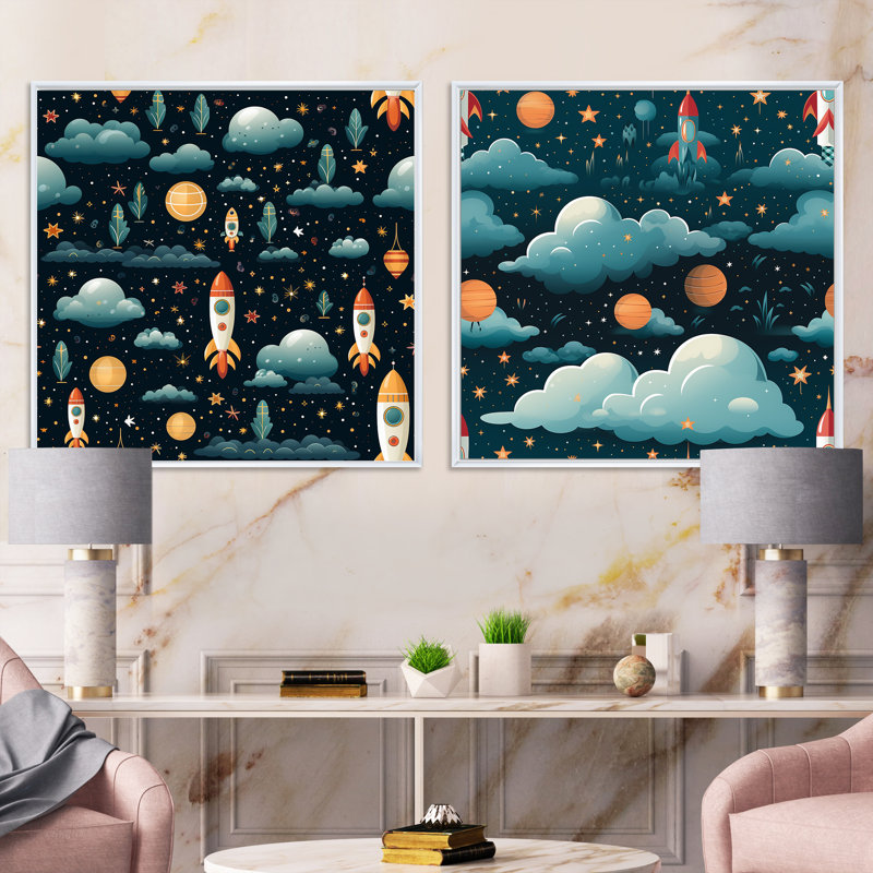 Fusée spatiale pour chambre d'enfant - ensemble de 2 collages carrés pour enfants, Cadre flottant blanc, H 30 po x l 61 po