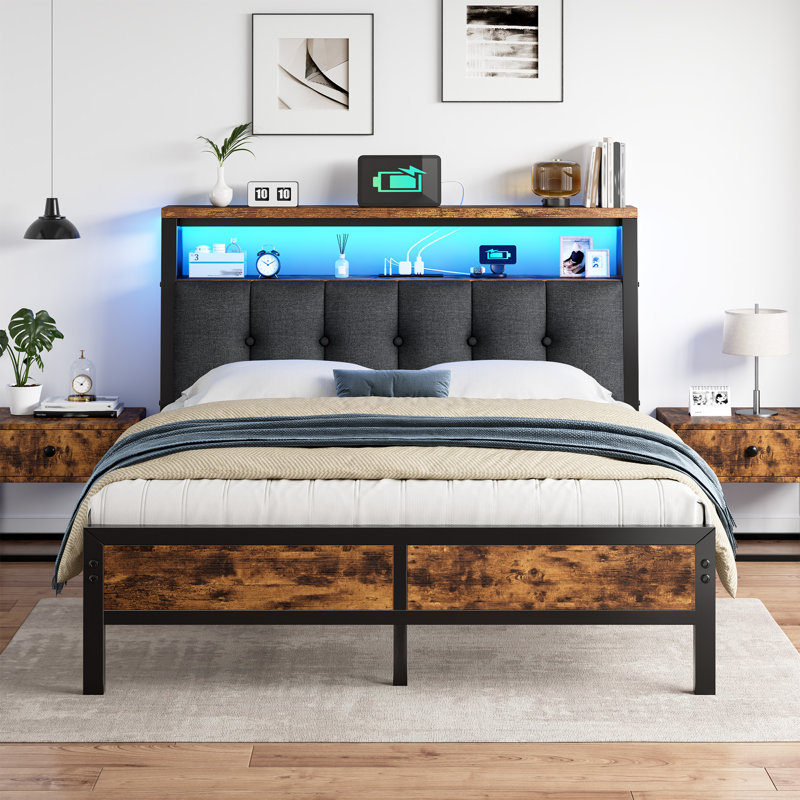 Modern Platform Bed with LED Lights, Charging Station & Under-Bed Storage,Full/Queen/King, Brown, Full