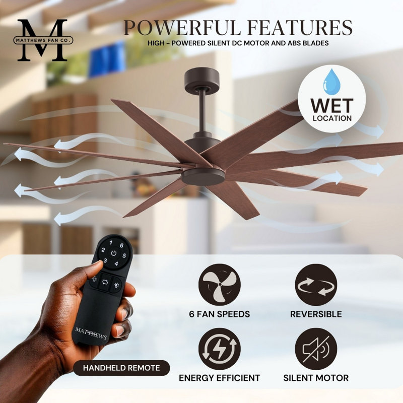 Ariella - Eight Blade Ceiling Fan - Brushed Brass Finish - Matte Black Blades, Textured Bronze, Walnut Tone