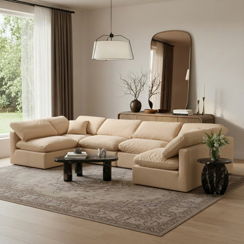 Hinami Velvet U-Shaped Sectional Reversible, Beige Velvet