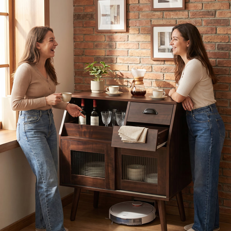 Solid Wood Sideboard Buffet Cabinet, Mid-Century Walnut Storage Cabinet with Acrylic Sliding Doors, Drawers & Open Shelves for Dining Room, Kitchen, Living Room, Coffee Bar
