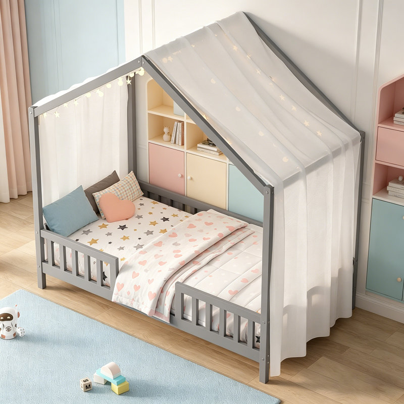 Lit de sol avec auvent Montessori, cadre de lit simple pour enfants, conception en forme de maison avec balustrades hautes et toit en bois