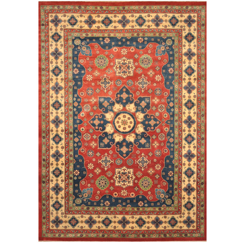 Tapis unique en laine noué à la main de style Kazak rouge / bleu / beige de 9 pi 10 po x 14 pi Jevon