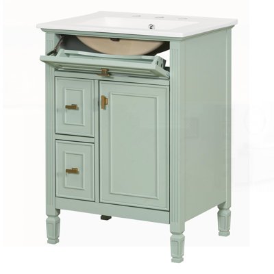 Meuble-lavabo de salle de bain avec lavabo, armoire en bois massif et panneau de fibres à densité moyenne, tiroir rabattable, tiroirs standard, tablette réglable, rangement vert autoportant