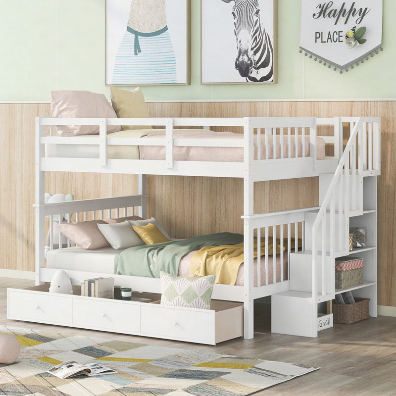 Lit superposé double avec tiroir, rangement et barrière de sécurité pour chambre à coucher Stairway, Blanc
