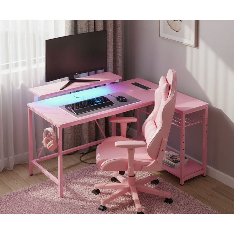 L-Shaped Metal Base Computer Desk, Pink