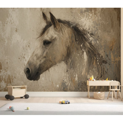 Wall Mural Peel and Stick Wallpaper White Horse Portrait Rustic Vintage Neutral Tones Artistic Equestrian Self-Adhesive Removable Contact Paper Wall Decor for Living Room Bedroom 69"H x 96"W