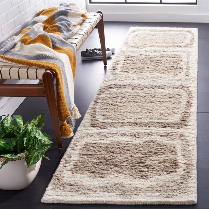 Serana Abstract Hand-Knotted Wool Area Rug in Ivory/Brown, Runner 2'3" x 9'