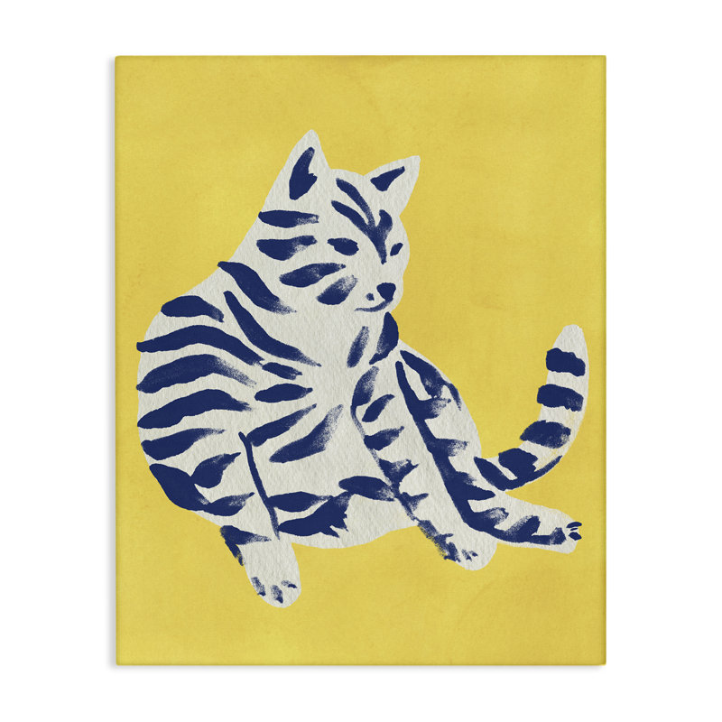 Chat vif unique sur toile jaune, design par June Erica Vess, H 20 po x l 16 po