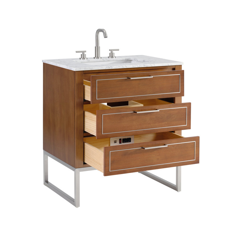 Markham 30'' W Single Vanity, Carrara Marble, Brushed Nickel, Walnut