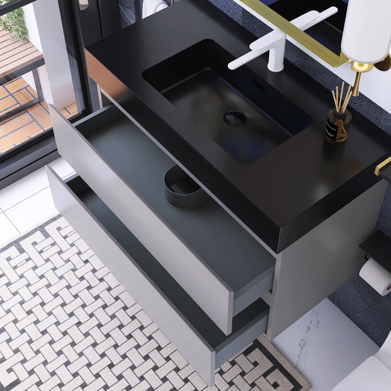 36 po W Meuble-lavabo mural simple avec lavabo noir, Gris