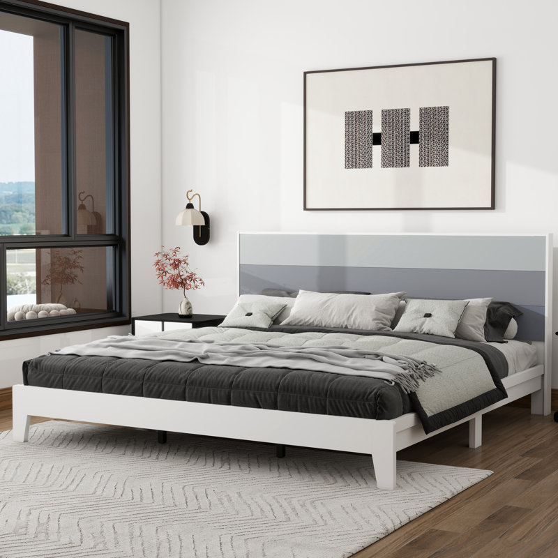 Allyannah Levison Platform Bed With Headboard, King, White/Stone Gray/Cool Gray/Night Owl