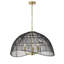 Lustre 3 lumières en forme de dôme moderne avec abat-jour en rotin noir et finition laiton poli, chaîne réglable, compatible avec un plafond incliné