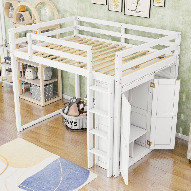 Lit mezzanine double en bois avec DEL et tablettes et garde-robe, Blanc