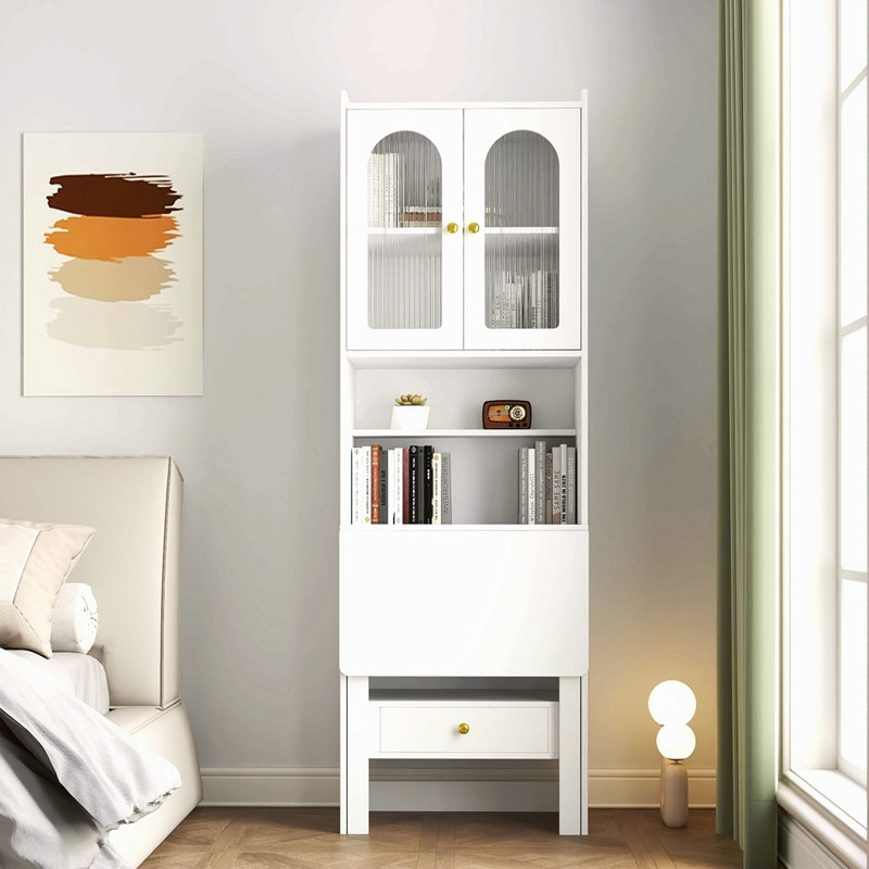 Table d'écriture pliable, armoire de bureau avec tablette et tiroir, Blanc