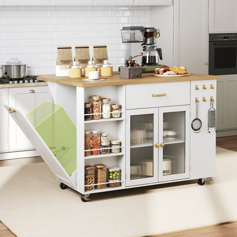 Îlot de cuisine avec abattant et station de charge, chariot roulant pour îlot de cuisine sur roulettes, 2 tiroirs de rangement, armoire à ordures, tablettes ouvertes à 3 niveaux