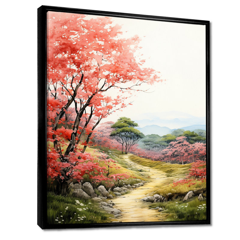 «Blossoming Red Autumn Tree Countryside Road», impression d'art mural campagne, Toile avec cadre flottant noir