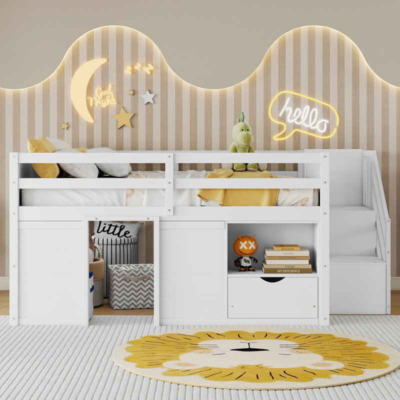 Structure de lit mezzanine pleine grandeur en bois massif avec escalier intégré, tiroir de rangement, tablette et lumière DEL 7 couleurs pour chambre d'enfant, blanc