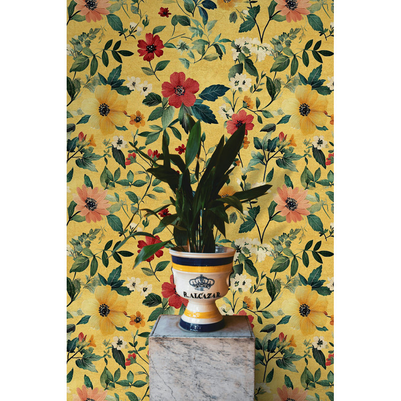 Papier peint floral, adhésif mural botanique jaune