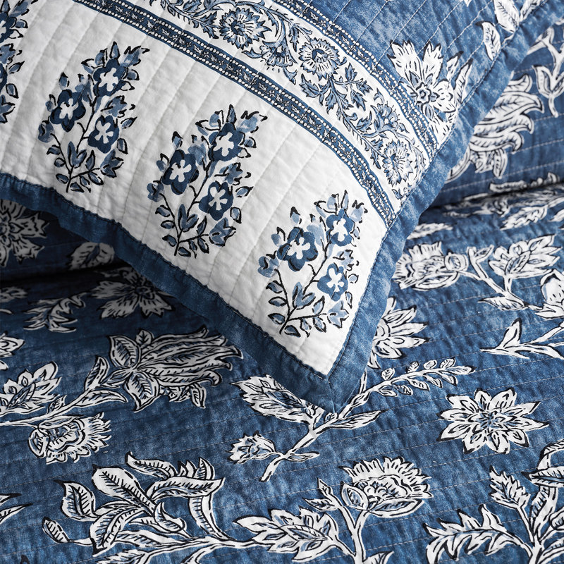 Ensemble de courtepointe 100% coton, Queen Quilt + 2 Standard Shams, Indigo Blue Floral