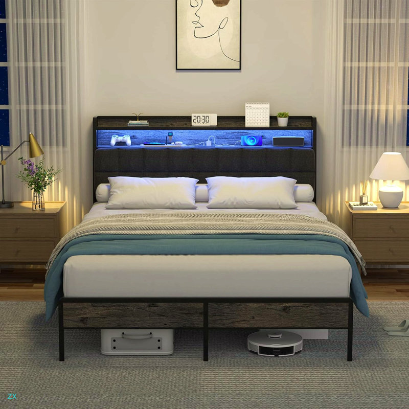 Structure de lit double, tête de lit ergonomique avec rangement multi-espace, cadre de lit avec station de charge lumières à DEL RVB